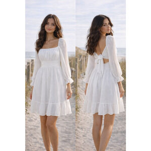 Exlura White Cottagecore Open Back Tie Dress Beach Bridal Bachelorette Size M